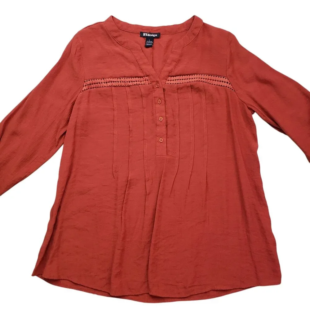 BYdesign Tunic Top Womens Large Orange Crochet Tab Sleeve Button Front Boho - Picture 10 of 13